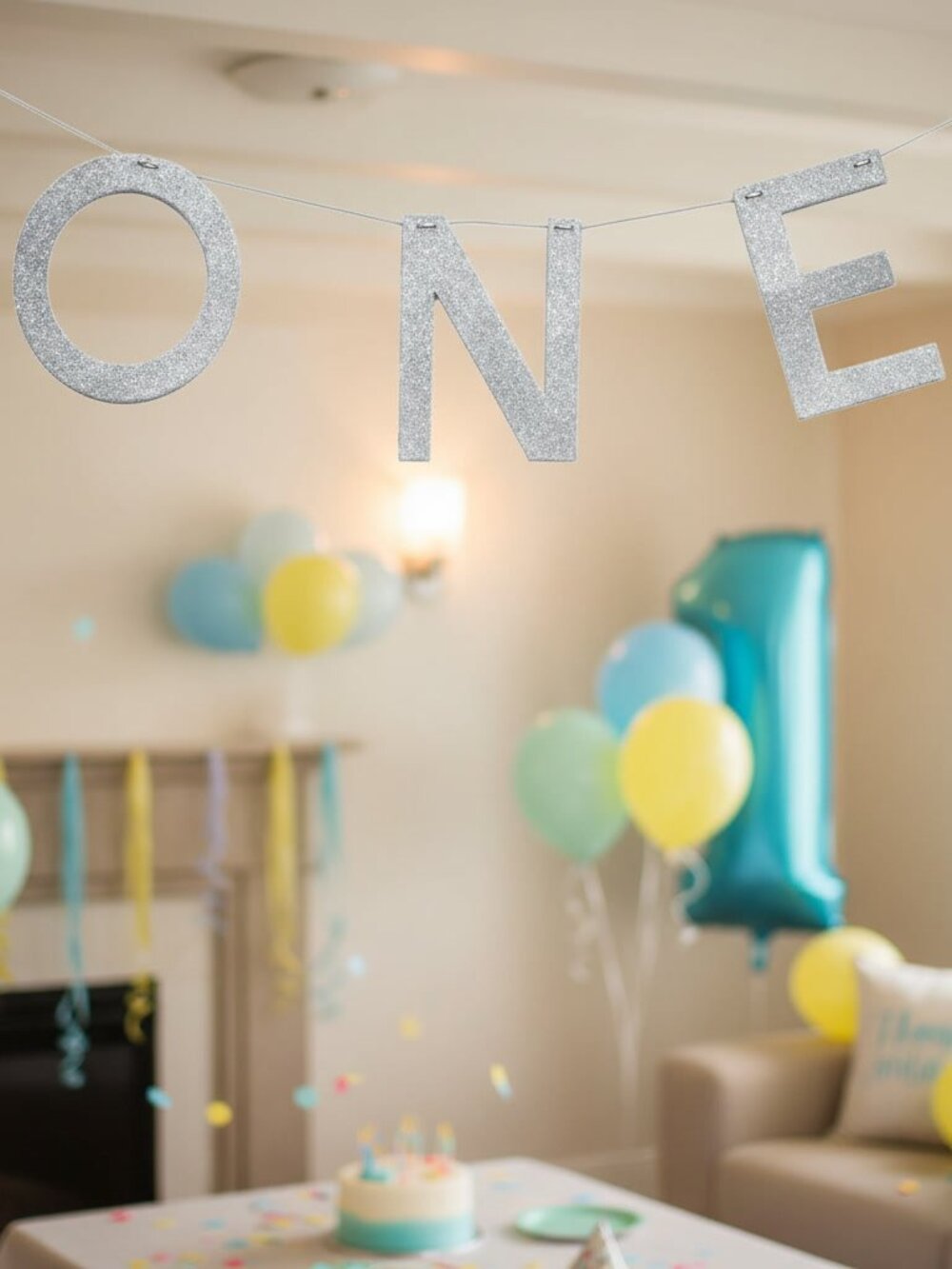 Silver Glitter ONE Banner – 1st Birthday Sparkling Party Hanging Decoration